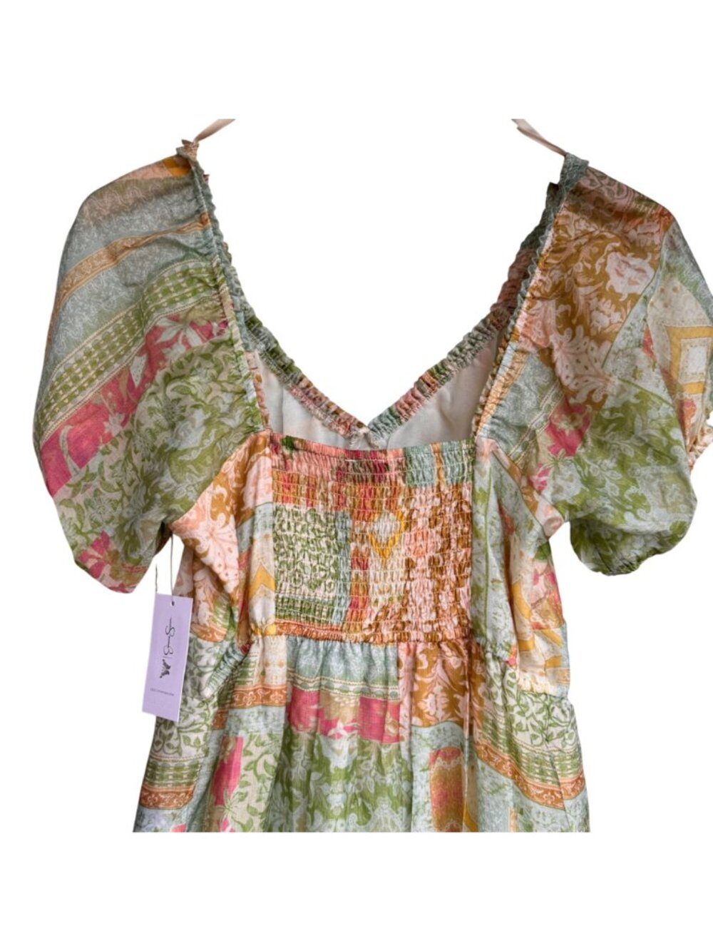 Jessica Simpson Boho Tiered Maxi Dress Sz S Misty Rose Patchwork Cottagecore New - Picture 9 of 15